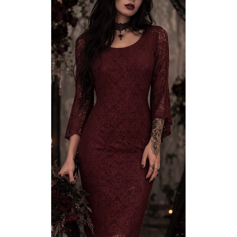 A. Byer Burgundy Lace Gothic Dress Womens SZ  8‎ Bell Sleeve Dark Romance